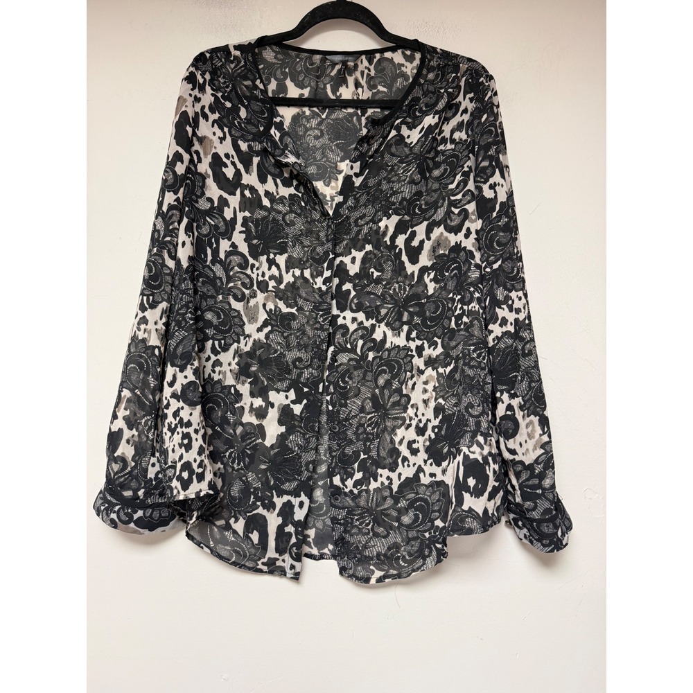Daisy Fuentes Blouse Womens Medium Black White Leopard Floral Sheer Excellent